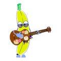 Cartoon character banana with a ukulele. Vector illustration.