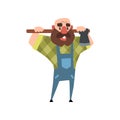 Cartoon character of bearded man with axe. Funny bald woodcutter. Smiling man in blue coveralls and green checkered