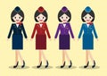 Cartoon character with beautiful air hostess and four work uniform styles.