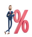 3d illustration. Businessman Billy and big percent icon. Concept business interest rate.