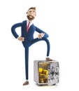 3d illustration. Businessman Billy with safe and gold.