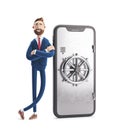 3d illustration. Businessman Billy with a telephone in the form of a safe. Mobile banking concept. Online Bank.