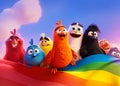 Cartoon character birds and rainbow flag. Homosexual concept. Generative Ai illustration