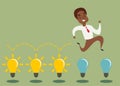 Cartoon character, black african american businessman jump on light bulbs Royalty Free Stock Photo