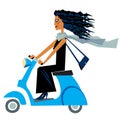 Cartoon character black-haired girl in an evening dress rides a small scooter