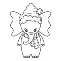 Cute cartoon character black and white baby elephant with santa claus hat and scarf funny vector illustration for christmas holida Royalty Free Stock Photo