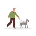 Cartoon character of blind senior man walking with dog