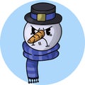 Cartoon character in a blue scarf and hat, angry offended, vector illustration in a circle, badge