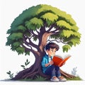 Cartoon Character of a Boy Reading a Book Under a Tree