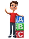 Cartoon character boy shows thumb up leaning against cubes. 3d rendering. Illustration for advertising