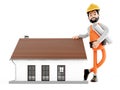 Cartoon character builder next to a house, funny worker or engineer with house, 3d Rendering