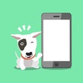 Cartoon character bull terrier dog with big smartphone