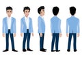 Cartoon character with business man in a blue suit for animation. Front, side, back, 3-4 view animated character. Flat vector Royalty Free Stock Photo