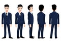 Cartoon character with business man in a blue suit for animation. Front, side, back, 3-4 view animated character. Flat vector Royalty Free Stock Photo