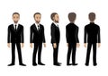 Cartoon character with business man. Front, side, back, 3-4 view animated character. Flat vector illustration Royalty Free Stock Photo