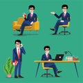Cartoon character with business man poses set. Business people working, sitting at dest and using laptop on green background, flat Royalty Free Stock Photo
