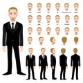 Cartoon character with business man in suit for animation. Front, side, back, 3-4 view character vector Royalty Free Stock Photo