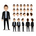 Cartoon character with business man in suit for animation. Man head set, front, side, back, 3-4 view character. Royalty Free Stock Photo