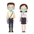 Cartoon business man and woman wearing hygienic mask.