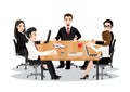 Cartoon character with business people discussing together in conference room during meeting at office. Concept of teamwork flat