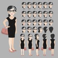 Cartoon character with business woman in black dresses for animation. Front, side, back, 3-4 view character.