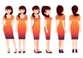 Cartoon character with business woman in dress wear for animation. Front, side, back, 3-4 view character. Flat