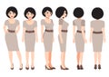 Cartoon character with business woman in dress wear for animation. Front, side, back, 3-4 view character. Flat vector