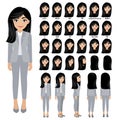 Cartoon character with business woman in suit for animation. Front, side, back, 3-4 view character