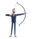 3d illustration. Handsome beard businessman Billy aiming with bow and arrow