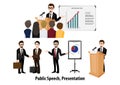 Cartoon character with businessman doing presentation or pitching a speech. Conference Illustration vector