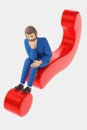 Cartoon character businessman sits on a question mark in thought. 3d rendering