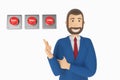 Cartoon character, businessman in suit with pointing finger at button start, stop, help. 3d rendering