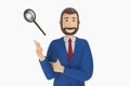 Cartoon character, businessman in suit with pointing finger at an magnifier. 3d rendering Royalty Free Stock Photo