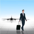 Cartoon character, businessman traveling by airplane.,