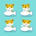 Cartoon character cat with big fish sign set Royalty Free Stock Photo