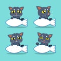 Cartoon character cat with fish sign set