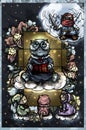 Cartoon character, cat storyteller is sitting on cloud in round glasses with book his hands reading a fairytale about the knight Royalty Free Stock Photo