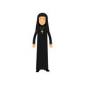 Cartoon character of catholic nun in traditional apparel. Woman in fancy black dress. Religious person with smiling face