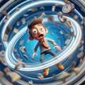 A cartoon character caught in a time loop with a dizzying spi