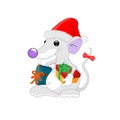 Cartoon character, charming white rat in a New Year`s cap and with gifts under both hands.