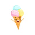 Cartoon character of cheerful ice-cream. Three colorful frozen balls in waffle cone. Tasty dessert with hands up. Flat