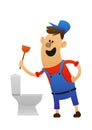 Cartoon character cheerful plumber with toilet