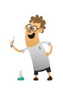 Cartoon character cheerful scientist with test tube