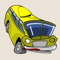 Cartoon character cheerful yellow bus jumped