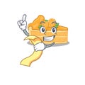 Cartoon character of cheesecake orange holding menu ready to serve