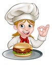 Cartoon Character Chef Woman Holding Burger