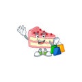 Cartoon character concept of rich strawberry slice cake with shopping bags