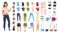 Cartoon character constructor. Woman animation set with body parts collection and different clothes and poses. Vector