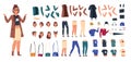 Cartoon character constructor. Woman in casual clothes animation set, young girl body elements and gestures. Vector flat