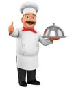 Cartoon character cook with dish showing thumbs up on empty space on white background. 3d rendering. Illustration for advertising